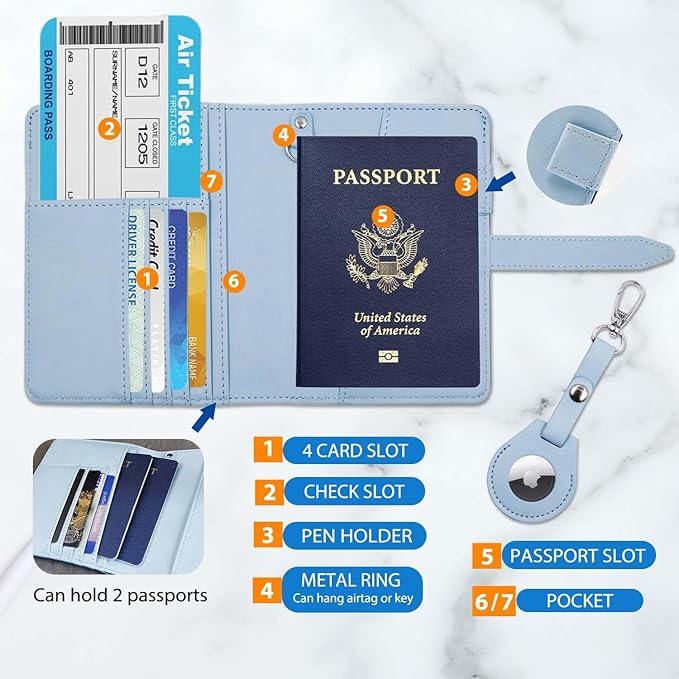 Deziliao Passport wallets, Mulit-purpose RFID Blocking Passport Holder AirTag Wallet, Travel Wallet (Blue)