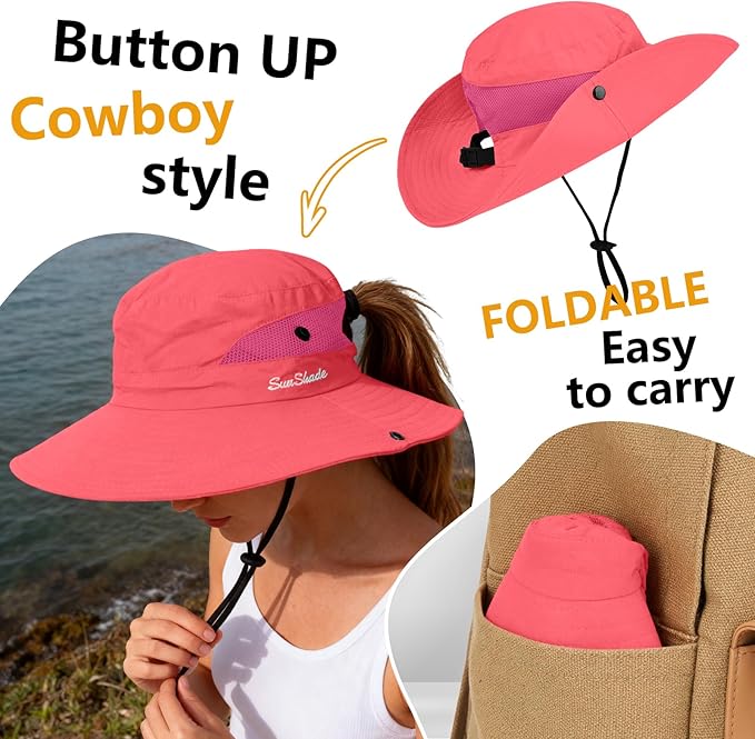 ZOORON Women's Ponytail Safari Sun Hat,Wide Brim UV Protection Outdoor Bucket Hat,Foldable Beach Summer Fishing Hat