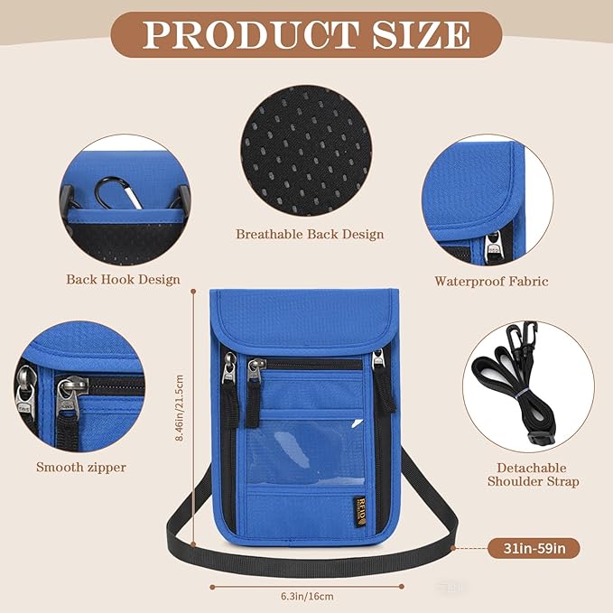 Passport Holder for Travel, Neck Pouch Travel Wallet With RFID Blocking, Waterproof Lightweight Passport Wallet for Women and Men (Blue)