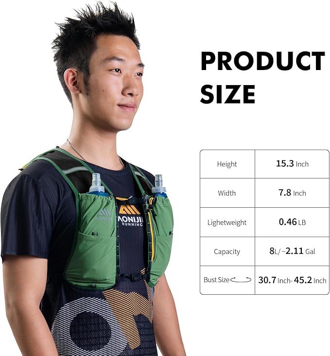 AONIJIE Running Hydration Vest for Men & Women, 8L Hydration Backpack, Multiple Pocket Designs for Water Bottles/Bladders, Lightweight Breathable for Hiking, Climbing, Marathon & Cycling - Green