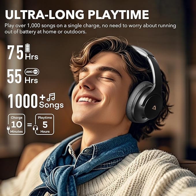 1Mii Y8 Active Noise Cancelling Headphones, Wireless Headphones Over Ear Bluetooth 5.3, LDAC Hi-Res Audio,75H Playtime with Transparent Mode for Work/Travel/Home/Office-Black