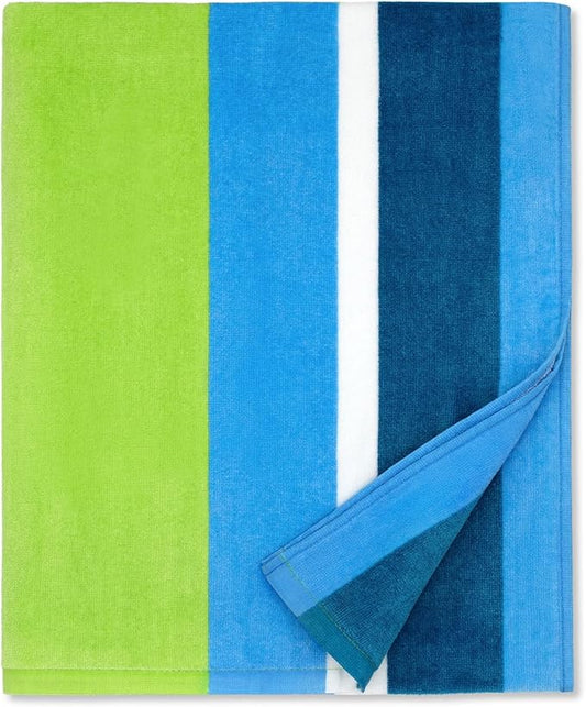cabanana Large Beach Towel Oversized - Cotton Velour 35 x 70 Inch Rainbow Striped Terry Pool Towel, Cabana Soft Swimming Towel for Adults Women Men (Rainbow Blue)