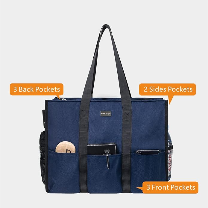 TOPDesign Utility Water Resistant Tote Bag with 13 Pockets, Top Zipper Closure & Thick Bottom Support, for Working Women