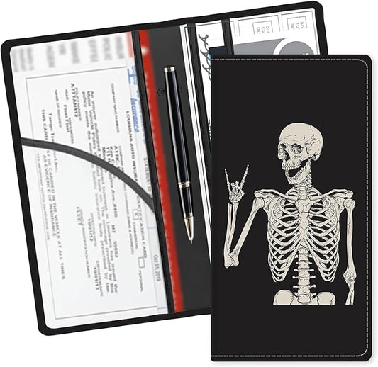 Leather Car Registration and Insurance Card Holder, Cute Car Accessories Vehicle Glove Box Car Organizer for Documents, Cards, License Funny Skull Pattern