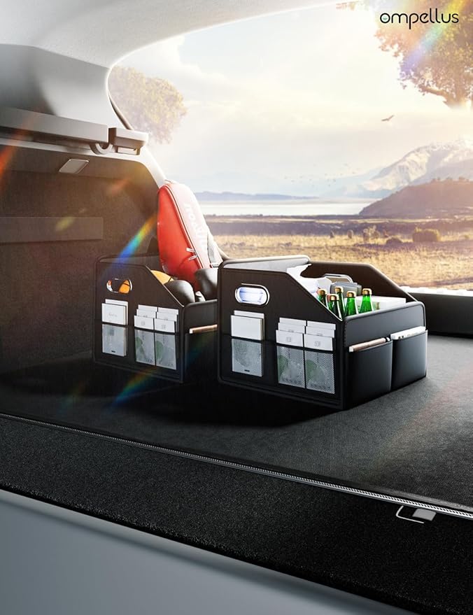 Car Seat Organizer, Collapsible Car Storage Organizer for Back Seat, Trunk Organzier with Metal Handles & Seat-belt Fixing Strap, Black