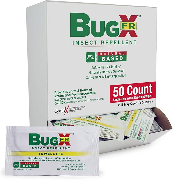 CoreTex Bug X FR DEET-Free Insect Repellent Wipes - Pack of 50 Single-Use, Naturally Derived Geranium Oil Bug Wipes - Protects Against Mosquitoes - Travel Size Mosquito Repellent Towelettes