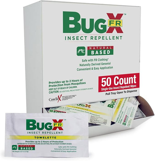 CoreTex Bug X FR DEET-Free Insect Repellent Wipes - Pack of 50 Single-Use, Naturally Derived Geranium Oil Bug Wipes - Protects Against Mosquitoes - Travel Size Mosquito Repellent Towelettes