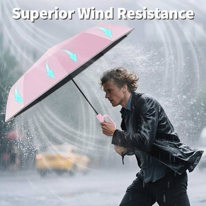 Seniny Travel Umbrella with Carabiner Handle, Windproof Large Umbrellas for Rain with Dual-Rib Structure, Portable Compact Umbrella with Reflective Strip, Car Backpack UV Umbrellas for Sun Protection