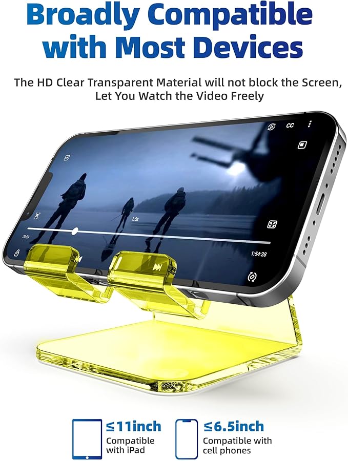 TOPGO Acrylic Cell Phone Stand, Clear phone Holder for Office Desk, Vanity, Kitchen Counter, Bedside Table, Compatible with iPhone 17 16 15 14 13 12 Pro Max Plus/Smartphones/iPad/Switch/Kindle(Yellow)