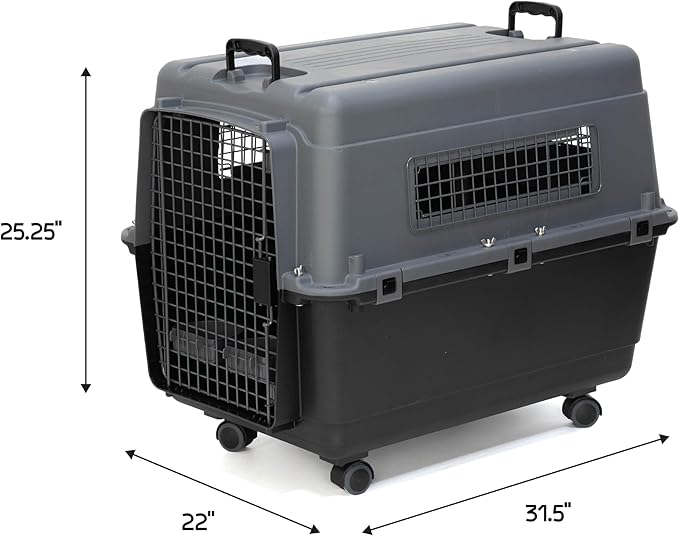 SportPet Airline Approved Wire Door Travel Dog Crate, Durable Plastic Pet Travel Kennel with Removable Wheels,Collapsible, Food Bowls & Accessories, Fits Dogs up to 29" L & 20" H - Large - Gray/Black