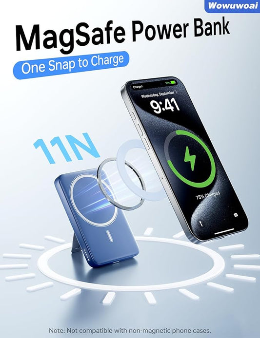 for Magsafe Portable Charger, 10000mAh Wireless Power Bank with Stand, USB C PD 20W Fast Charging Powerbank, Magnetic Battery Pack Compatible for iPhone 17/16/15/14/13/12 Series - Marine Blue