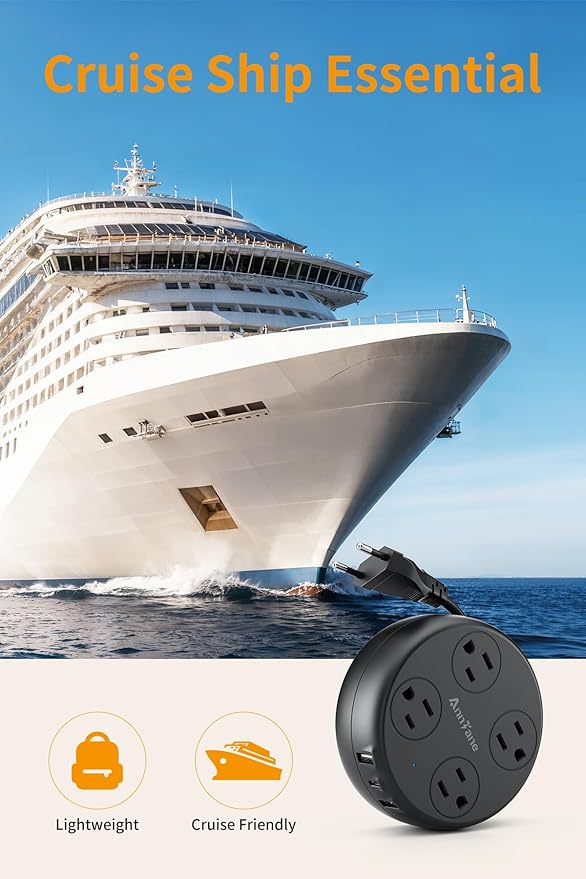 European Travel Plug Adapter - Retractable Power Strip with 4 AC Outlets & 3 USB Ports (USB-C), Type C Adapter for US to Most of Europe Iceland Spain Italy France Germany and More (Black)