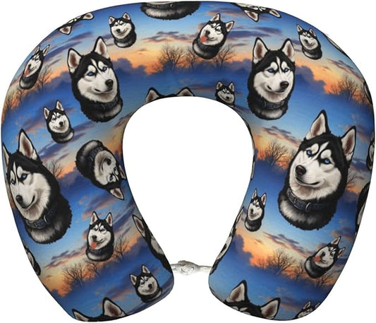 Neck Travel Pillow, Women Men Washable Airplane Car Pillows Funny Alaska Husky Dog, Head Support Rest U Shaped Cushion Comfortable for Watching TV