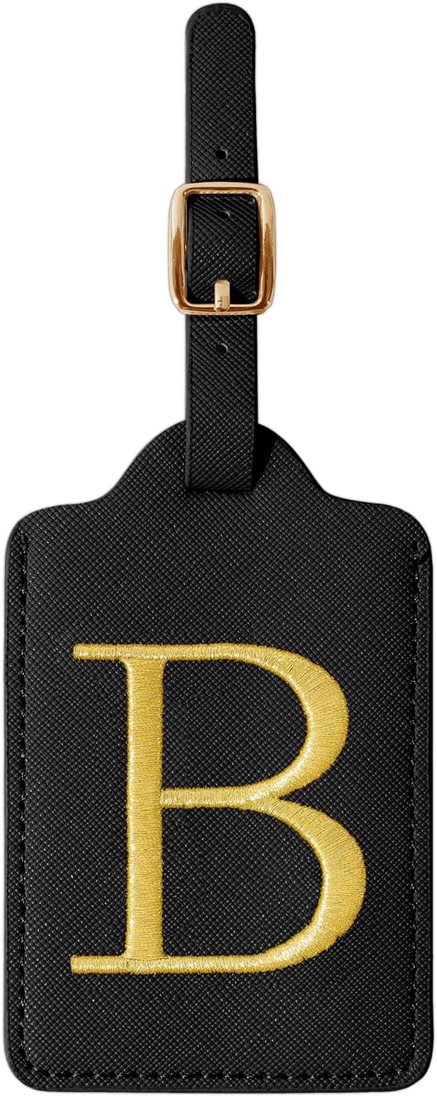 Personalized Initial Luggage Tags for Suitcase TSA Approved, Black Leather Cute Luggage Tag with Privacy Cover Name Card, Embroidered Custom Luggage Tags Travel Backpack Tags Gifts for Women Kids(B)
