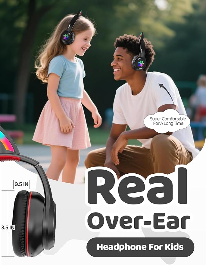MIDOLA Kids Headphones Cat Ear Wireless Bluetooth 5.3 60H Over Ear, 8H with Led Light Foldable Headset with Aux 3.5mm Mic for Travel Pad Tablet Black