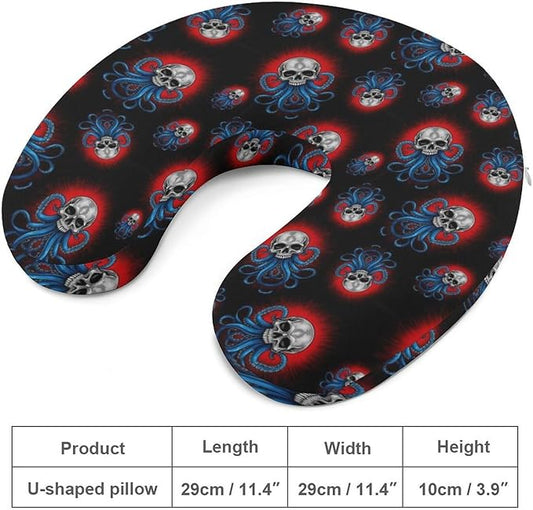 Youth Travel Neck Pillow Soft Memory Foam Chin Support Abstract Skull Octopus Tentacles, Washable Cover for Boys Girls Airplane Car School Rest