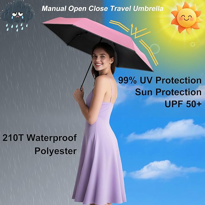 GAOYAING Mini Compact Travel Umbrella with Reflective Safety Stripes, Portable Folding Design with Case