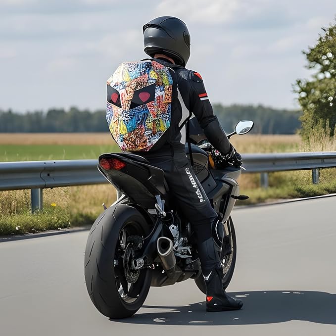 Motorcycle Backpack with LED Eyes, DIY Laptop Backpack for Riding, Cycling, Travel, Waterproof Hard Case Motorbike Bag, Large Size 19" Graffiti