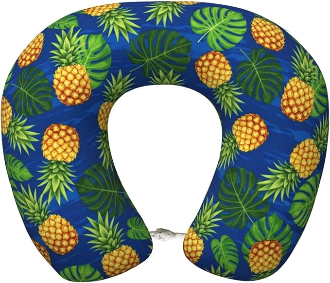 Neck Support Pillow, Comfortable Memory Foam Car/Flight/Airplane Chin Pillows U Shaped Cushion for Office Travel Sleeping Tropical Banana Palm Leaves Pineapples
