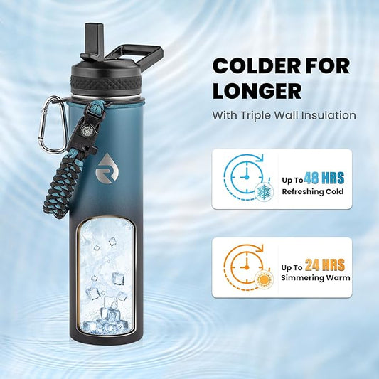 Insulated Water Bottle 24oz, Triple Wall Vacuum Stainless Steel (Cold for 48 Hrs, Hot for 24Hrs), Leak Proof & Non-BPA, 24oz Hydro Water Flask with Paracord Handle & Straw Spout Lids