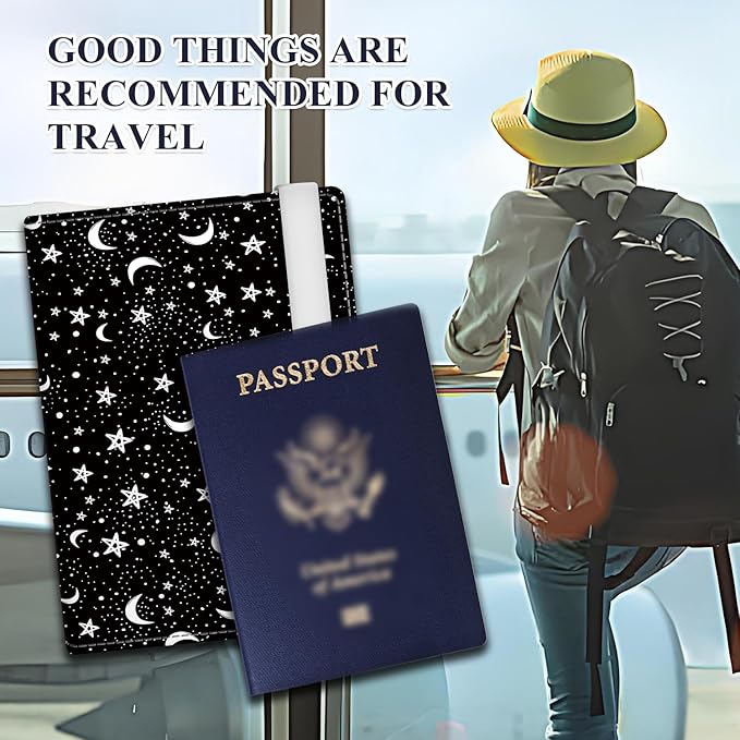 Passport Holder for Travel Essentials, RFID Premium Leather Passport Wallet Cover Case for Travel Must Haves Accessories, Passport Book Holders for Women Men Black White Moon Stars