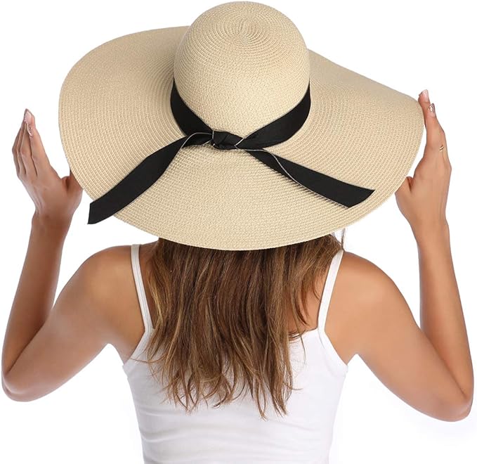 Lanzom Womens Wide Brim Straw Hat Big Floppy Foldable Roll up Cap Beach Sun Hat UPF 50+