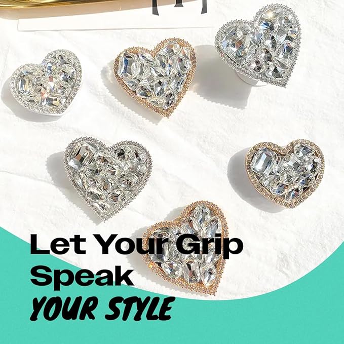 OnTheGrip Cute Cubic Diamond Heart Shape Design Collapsible Expandible Mobile Phone Grip Stand Holder for Smartphone Tablet Cell Phone Accessory (Silver Small)