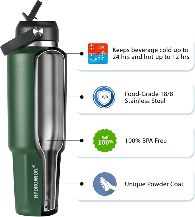 HYDROWION 32 oz Insulated Water Bottle, Car Water Bottle Holder - Double Wall Vacuum Insulated Travel Bottle with Straw Lid, Spout Lid and Flex Cap - Cold for 24H, Hot for 12H, Olive