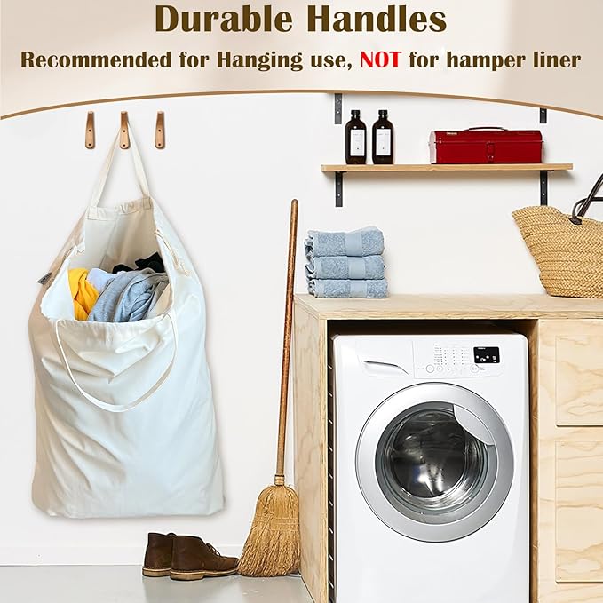 Canvas Laundry Bag with Handles & Drawstring 23.6"x35", Hanging Dirty Clothes Travel Bag, Heavy Duty Washable Laundry Sack (NOT Hamper Liner) - 2 Pack