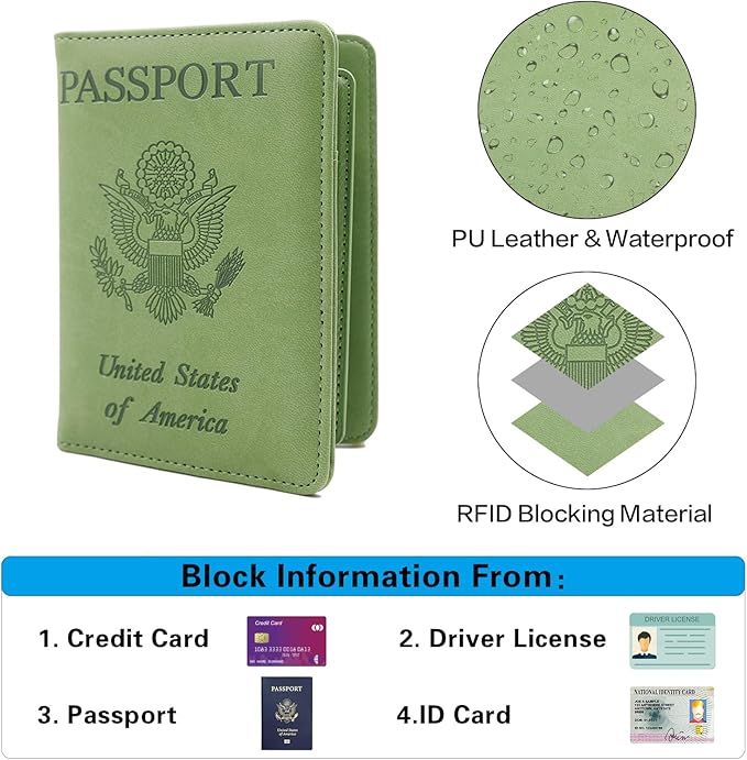 Melsbrinna RFID Passport Holder for Travel, Unisex Adults, Green, Faux Leather, Travel Wallet, RFID Protected