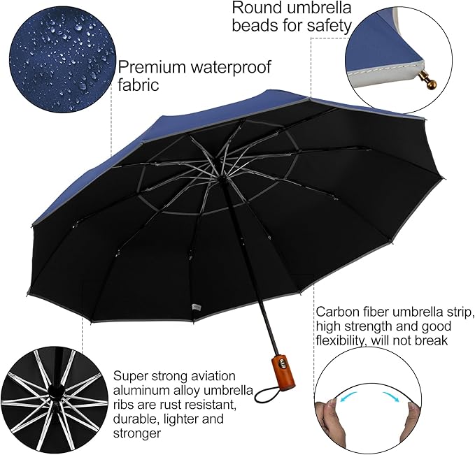 Satol Extra Large Golf Umbrella, 46/54/62 Inch Windproof 10 Ribs Vented Double Canopy Reflective Strips Automatic Open/Close Waterproof UV Protection Portable Compact Umbrella for Outdoor & Travel