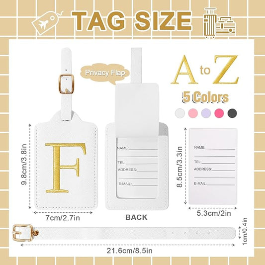 Personalized Initial Luggage Tags for Suitcase TSA Approved, White Leather Cute Luggage Tag with Privacy Cover Name Card, Embroidered Custom Luggage Tags Travel Baggage Tags Gifts for Women Kids(F)