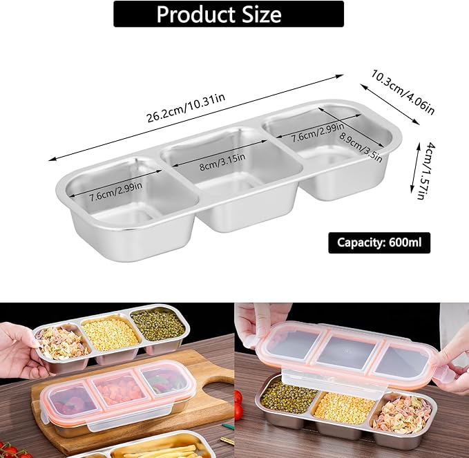 Ahongwenxi Stainless Steel Snack Box Containers, Reusable 3 Compartment Condiment Box with Lids, Food Container Sauce Cups, Divided Food Storage Containers for Home and Travel (Clear Lid)