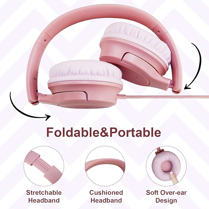 Kids Wired Headphones with Microphone, 85/94dB Safe Volume Limiter,Foldable,3.5mm Jack Over-Ear Cord Headset for Online Study/Travel, Compatible with Tablet,iPad,PC&More,Pink