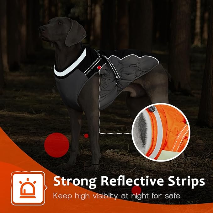 Abuandi Dog Winter Coat with Harness, Dog Jacket, Pet Clothes with Zipper on Back, Waterproof Windproof Warm Vest, Reflective Cold Weather Coats, for Small Medium Large Dogs, Thick, Orange, 3XL
