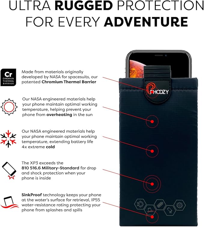 PHOOZY XP3 Ultra-Durable Thermal Phone Case for Extreme Cold | Insulated Phone Case Extends Battery Life 4X | Snowboard & Ski Gear | As Seen on Shark Tank | Large - Black