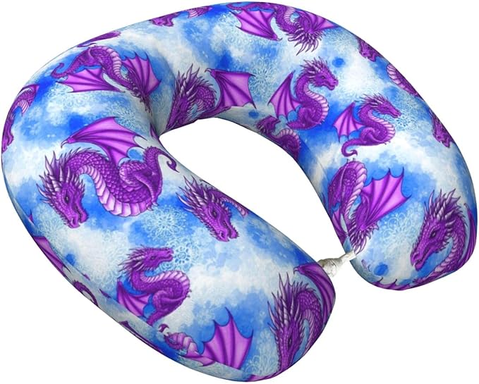Breathable Neck Pillow for Sleeping Rest Nap Purple Dragon Art, Airplanes/Car/Home Memory Foam Travel Cushion with Polyester Cover Washable for Women Men