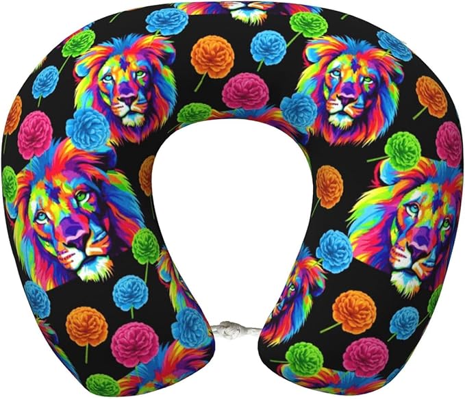 Comfortable Memory Foam Travel Neck Pillow, Funny Chin/Head Cushion Supporting Airplane Car Pillows Watercolor Lion Art Painting for Sleeping Outdoors Travel Office