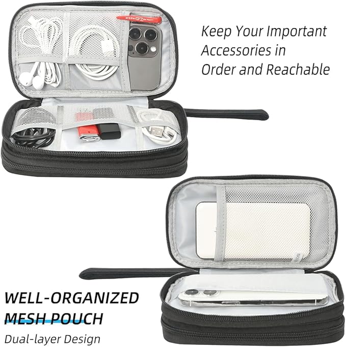 Electronics Organizer Travel Bag, Small Cable Organizer Case Waterproof Accessories Pouch, Travel Electronic Carrying Case for Cord, Charger, Phone, USB, Power Bank, Earphone (Black, Medium)