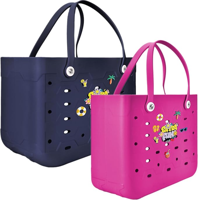 2-Piece Tote Bag Set, Waterproof Rubber Beach Bag with Summer Pattern, Medium & Large Handbag for Pool, Beach, Boat