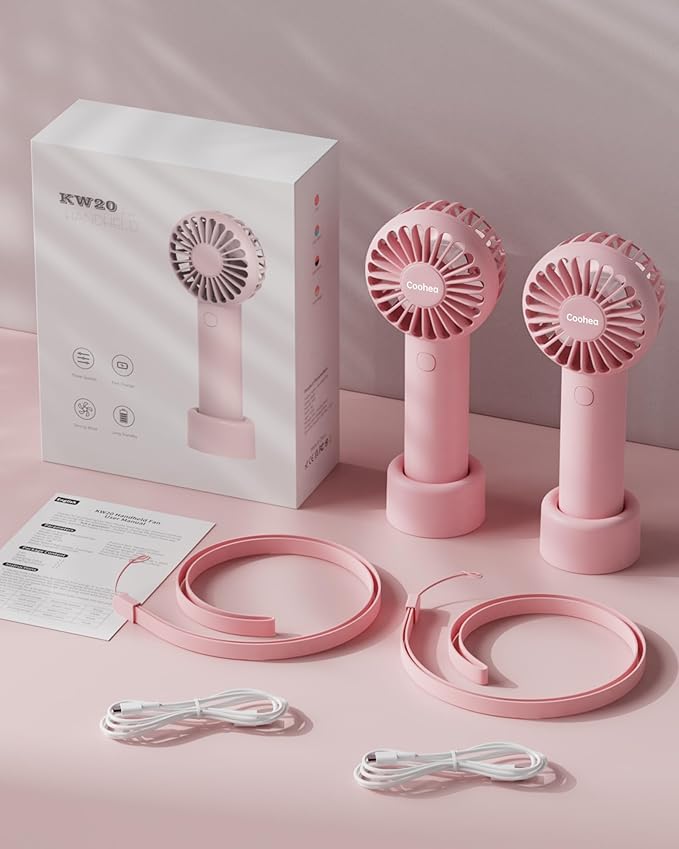 Coohea 2-Pack Pink Handheld Fan, Small Cute Design, 3 Powerful Speeds, Operated by USB/Rechargeable Battery, Portable Personal Fan with Base & Lanyard, for Eyelash Makeup Travel Beach Office Desk