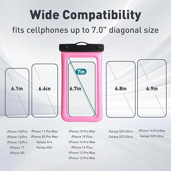 Floatable Waterproof Phone Pouch/Case with Crossbody Lanyard for iPhone 17 Series 16 Pro Max/15 Pro/14/13/12, IP68 Cellphone Dry Bag Beach Cruise Ship Essentials, 1 Pack-Pink-7″