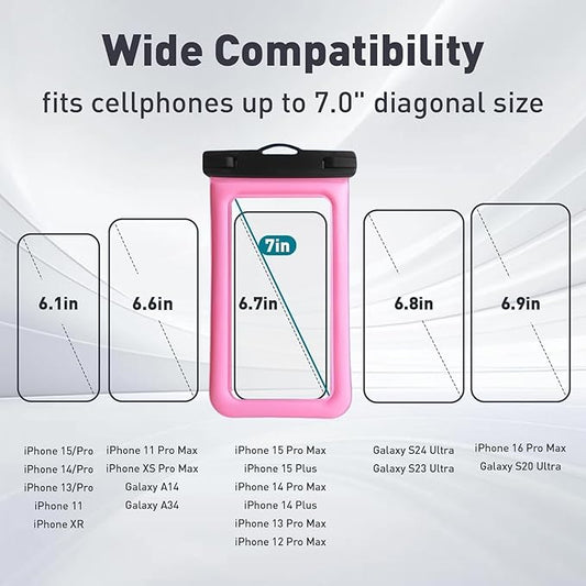 Floatable Waterproof Phone Pouch/Case with Crossbody Lanyard for iPhone 17 Series 16 Pro Max/15 Pro/14/13/12, IP68 Cellphone Dry Bag Beach Cruise Ship Essentials, 1 Pack-Pink-7″