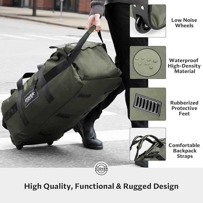STOVER 80L Rolling Duffel Bag with Wheels, Large Durable Travel Duffle + Toiletry Bag, Heavy Duty, Packable, Foldable with Shoulder Straps- Use as Luggage or Backpack, Men/Women (Green)