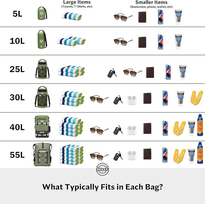 STOVER 5/10/25/30/40/55L Waterproof Dry Bag- Roll-Top Backpack w/Phone Case- Kayaking, Hiking, Camping, Boating- Men/Women