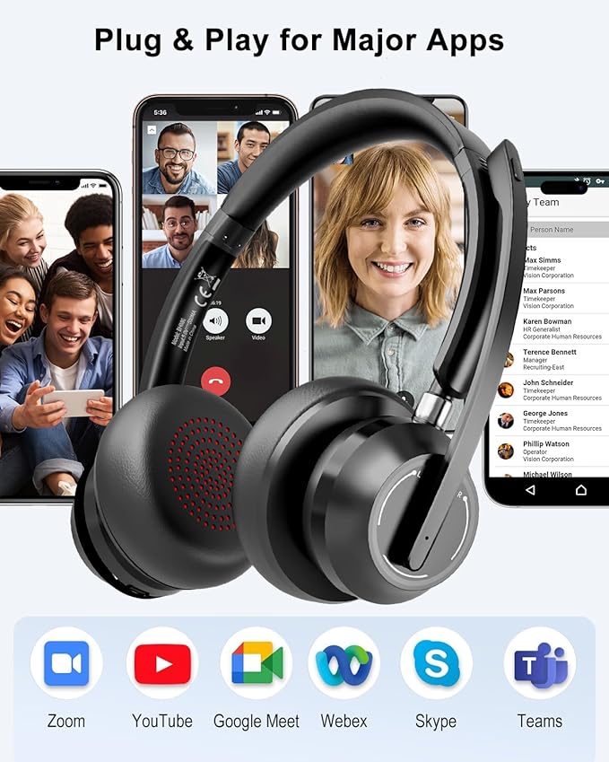 Blue Air Wireless Headphones with Microphone, Bluetooth Headset with Noise Cancelling Mic & USB Dongle & Mic Mute, 40H Playtime, Powerful Sound, for Work Meetings Calls Computer Laptop PC Phone