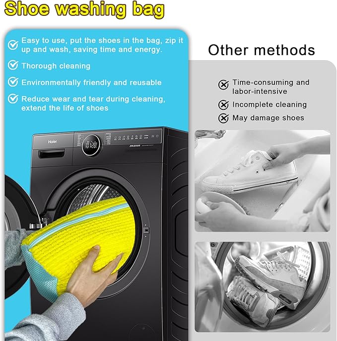 XXL Shoe Washing Machine Bag - 2 Reusable Shoes Cleaning Bags for Washer And Dryer, Durable Zipper Laundry Shoe Bag 360° Deep Clean Sneaker Tennis Include Mesh Wash Bags & Bra Laundry Bags (Yellow)