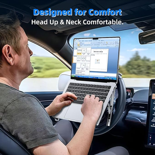Angle Adjustable Car Steering Wheel Laptop Holder,Foldable Laptop Stand for car,Metal Car Notebook Riser | Car Reading Stand | Car Tablet Holder, Multipurpose Travel Car Accessories (Silver)