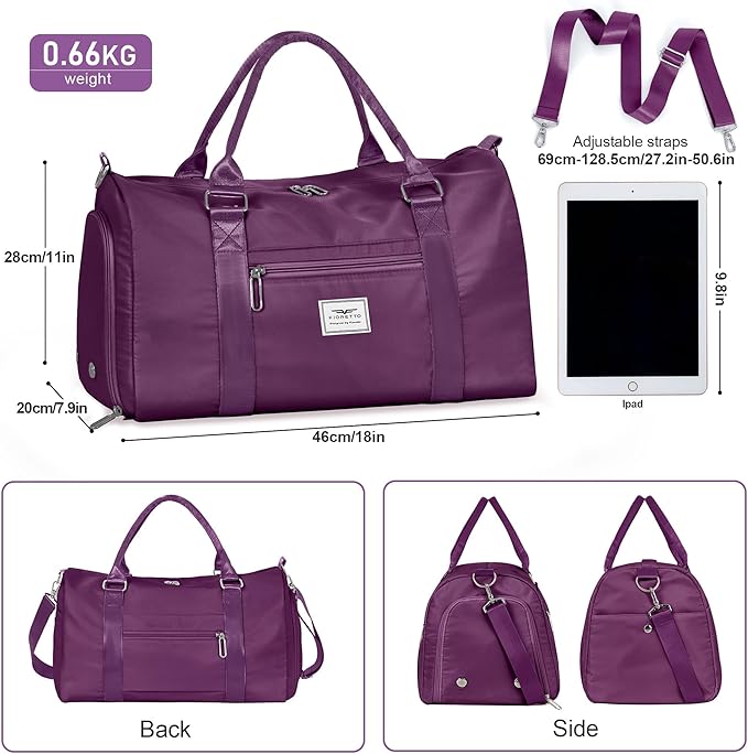 FIORETTO Womens Gym Tote Duffle Bag with Wet Pocket & Shoe Compartment, Sports Duffel Overnight Weekender Hospital Workout Carry on Bag for Girls, Ideal for Travel, Swimming, Dance, Ballet Dark Purple