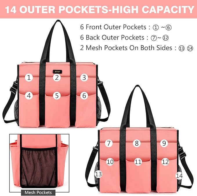 IBFUN Utility Tote Bag with 14/24 Pockets Zip Top Teacher Tote Bag for Teacher/Work Women